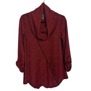 Ali Miles Size X-Small Red Black Houndstooth Cowl Blouse Top Lagenlook Artsy